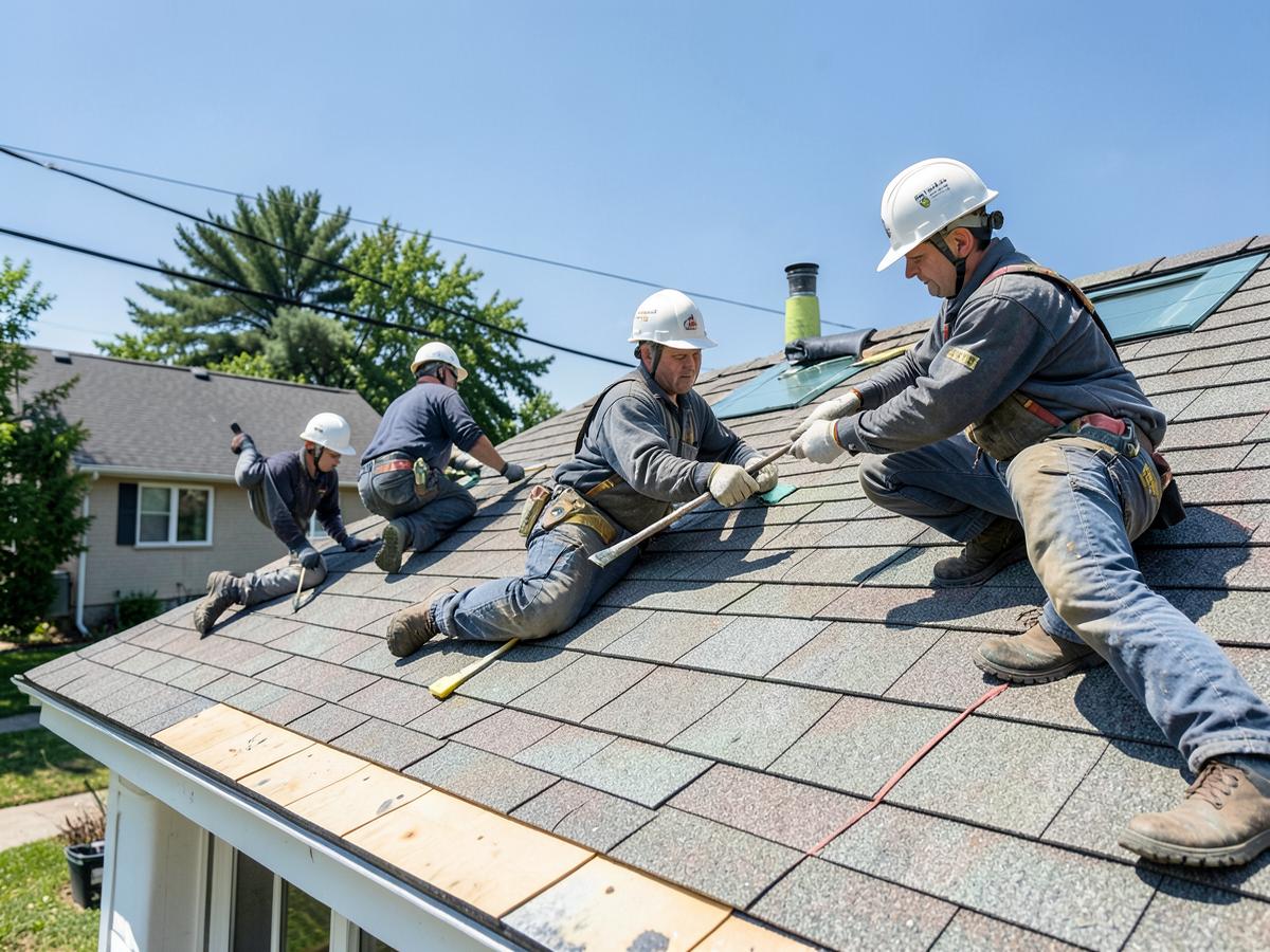 Roofing crew at work on a shingle roof